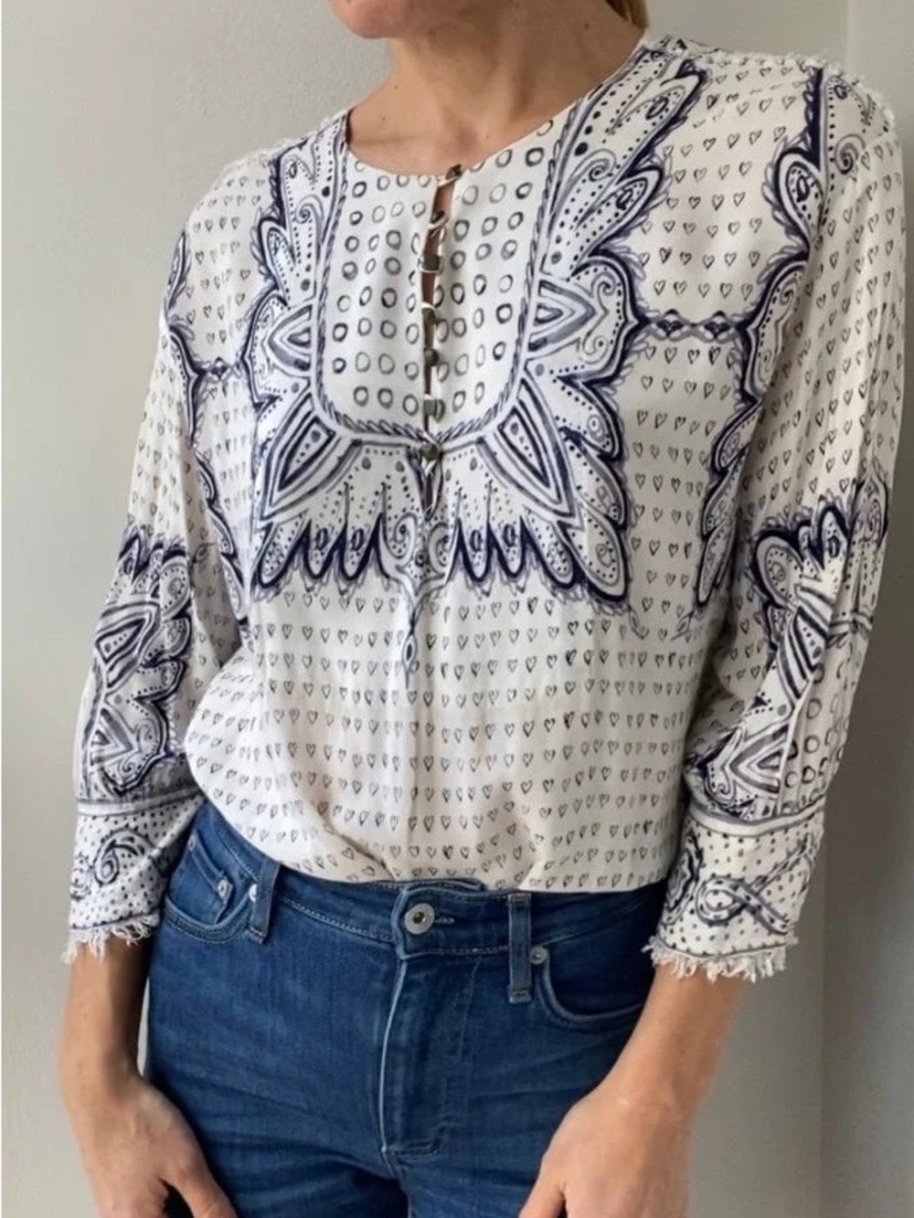 Anthropologie Maeve Morgan Heart Print Peasant Top Boho Preppy Coastal XS
